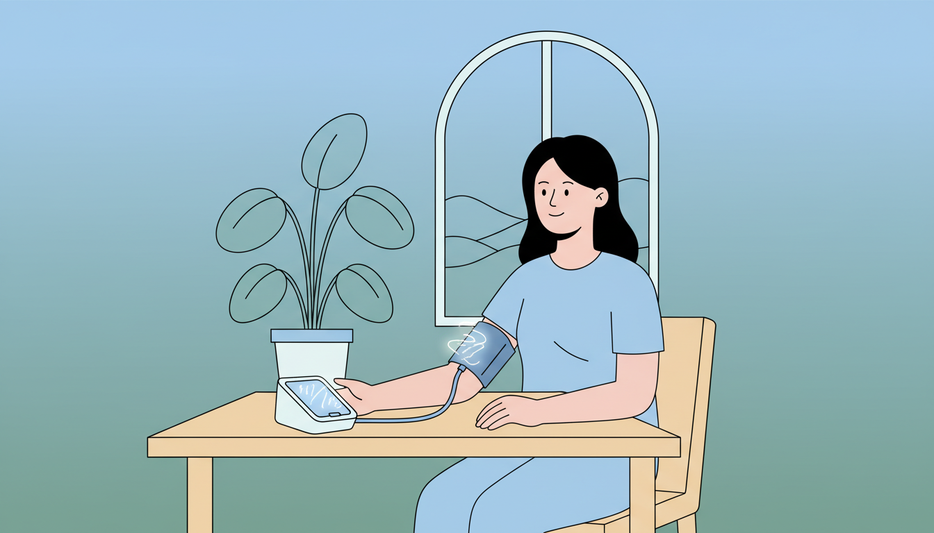 Illustration of a person calmly monitoring blood pressure at home with a digital monitor