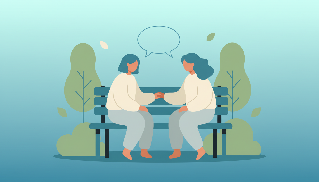 Illustration of two people sitting together on a park bench having an open supportive conversation
