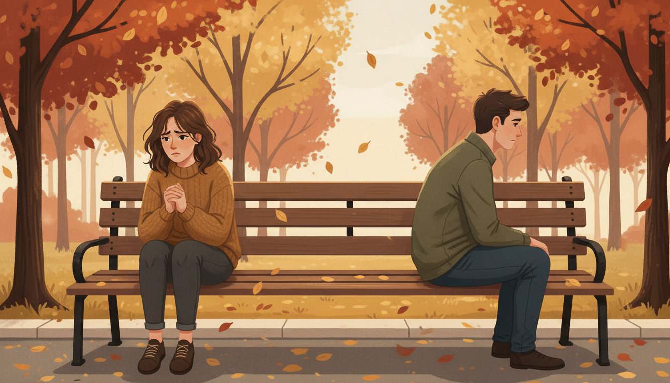 Couple sitting apart on a park bench showing the emotional distance caused by relationship anxiety