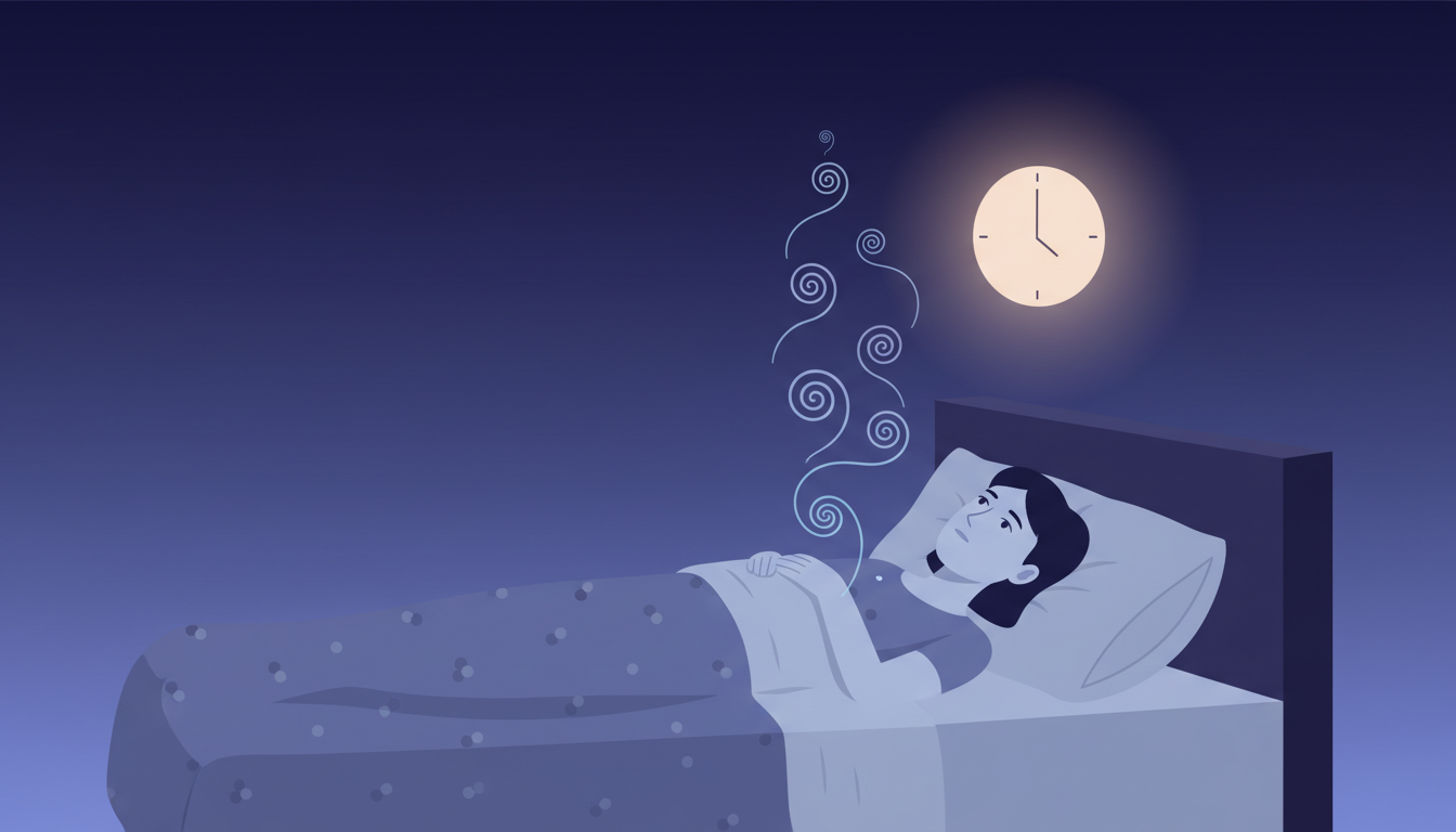 Illustration of a person lying awake in bed at night with worry spirals and a clock showing late hours