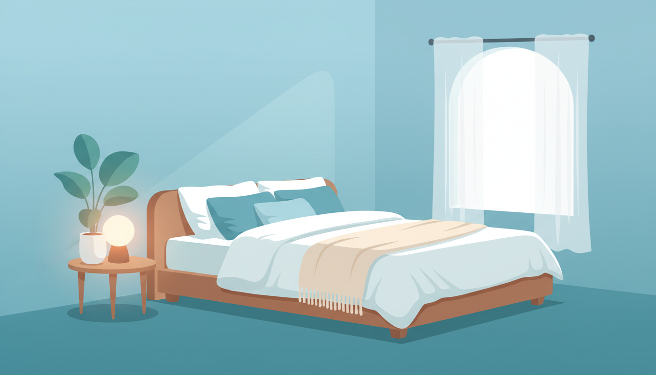 Illustration of a calming bedroom environment optimised for restful sleep