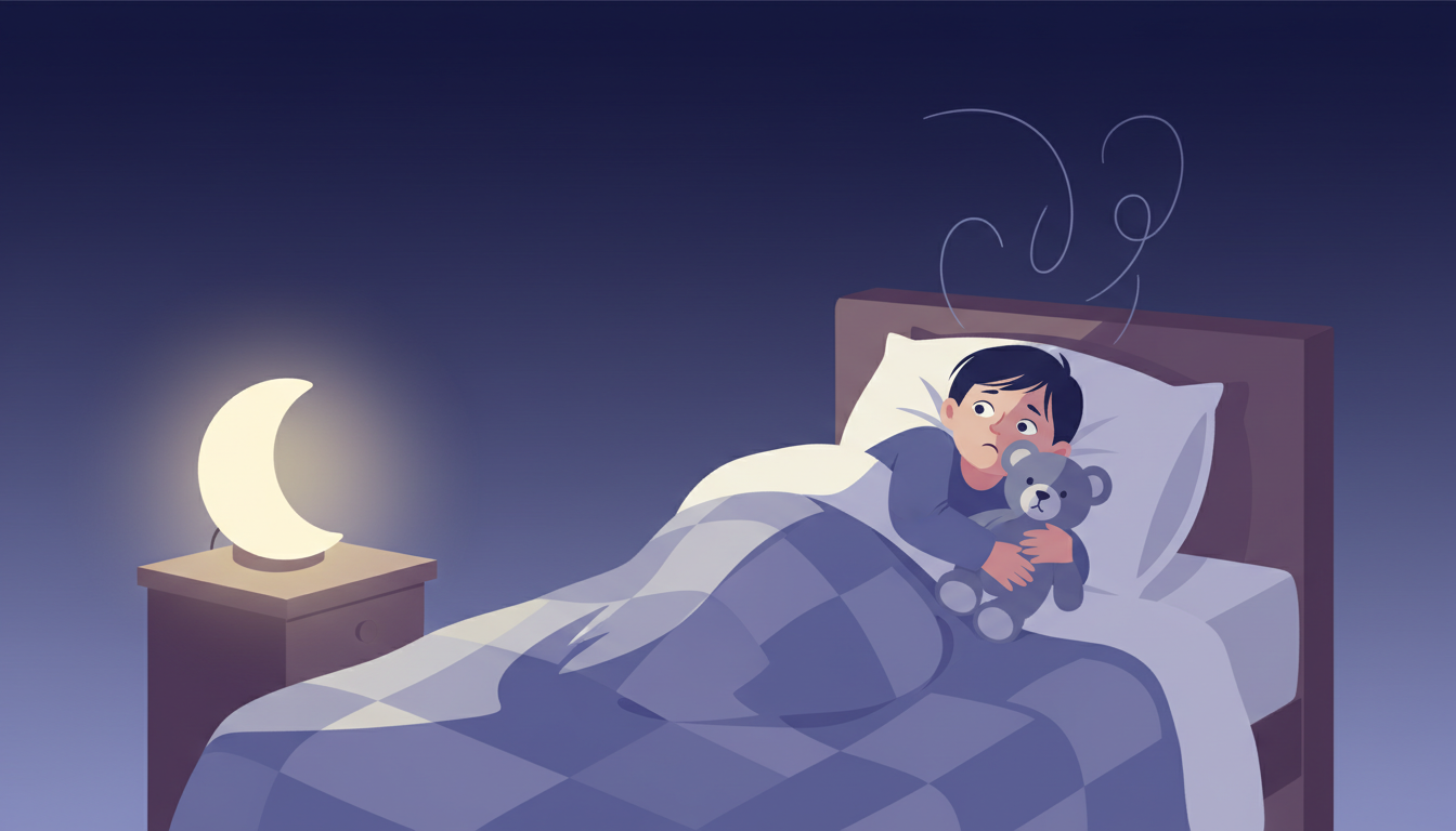 Illustration of a worried child in bed hugging a teddy bear with a nightlight nearby