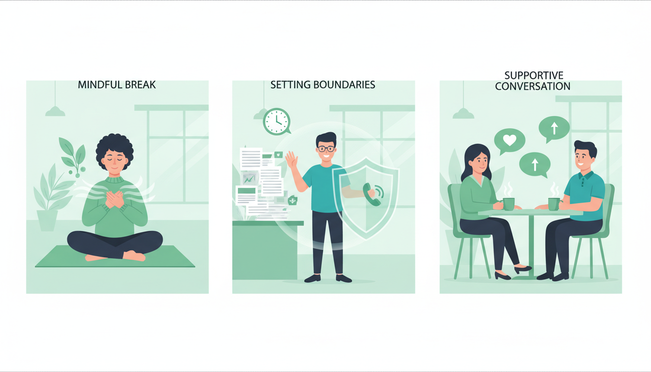 Three-panel illustration of workplace anxiety strategies including mindful breaks, setting boundaries, and supportive conversations