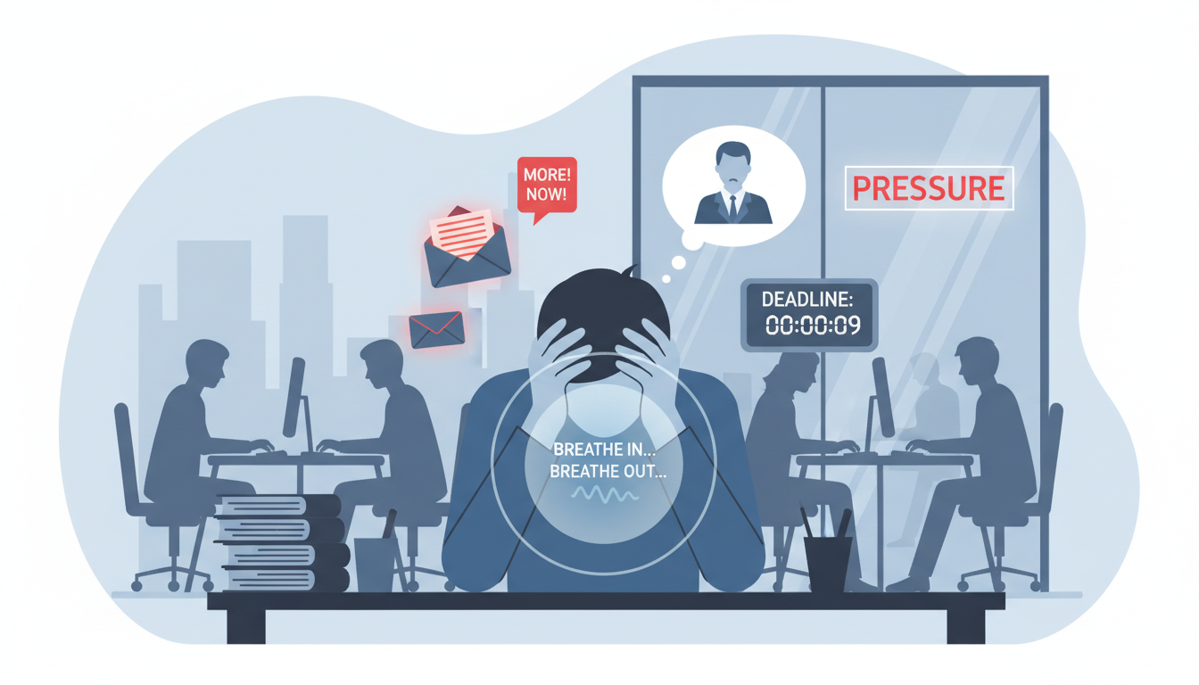 Person at office desk overwhelmed by workplace anxiety triggers including emails, deadlines, and pressure