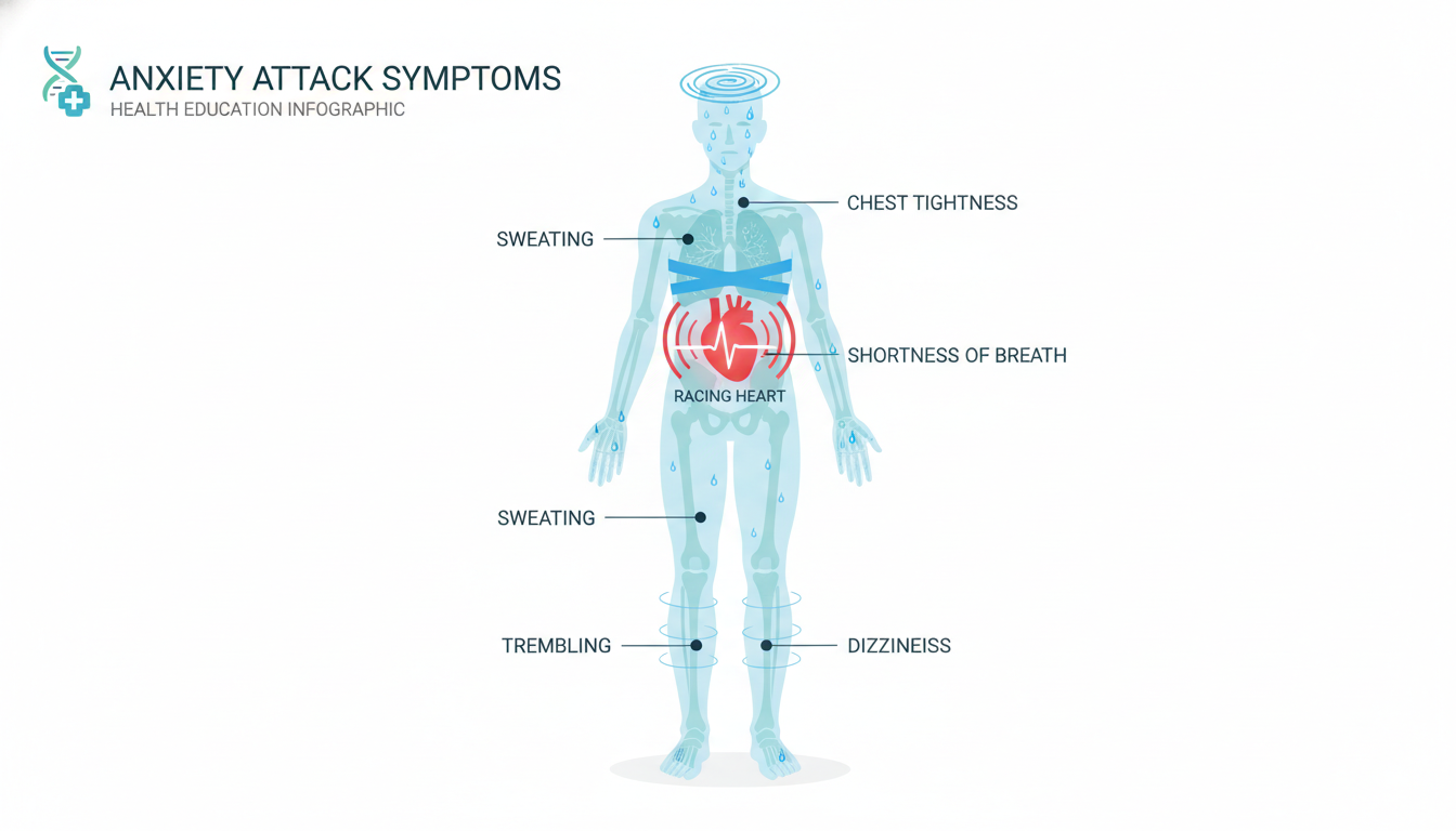 Anxiety attack physical symptoms infographic showing racing heart, chest tightness, shortness of breath, sweating, trembling and dizziness