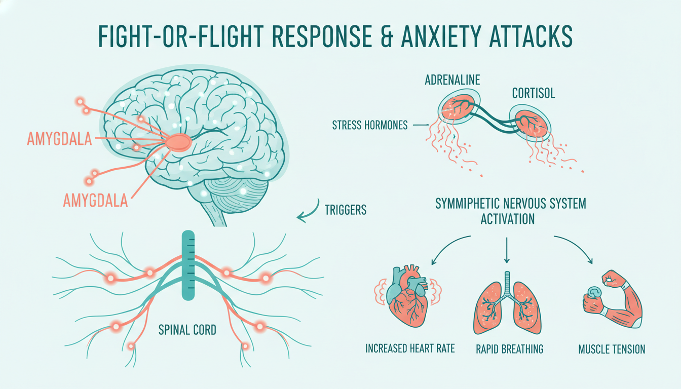 Fight-or-flight response diagram showing amygdala triggering adrenaline and cortisol during anxiety attacks