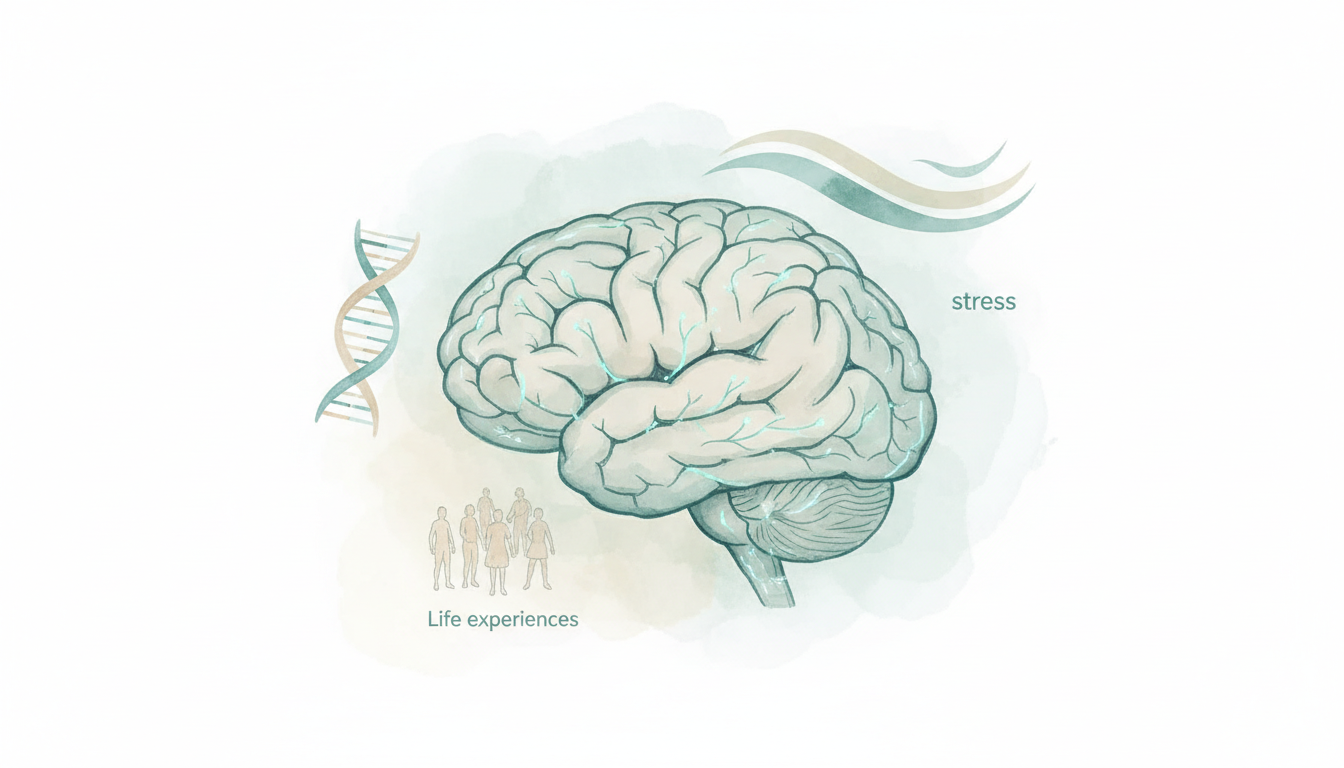 Watercolour illustration of a brain surrounded by DNA helix, life experience figures and stress waves representing the biological and emotional roots of anxiety