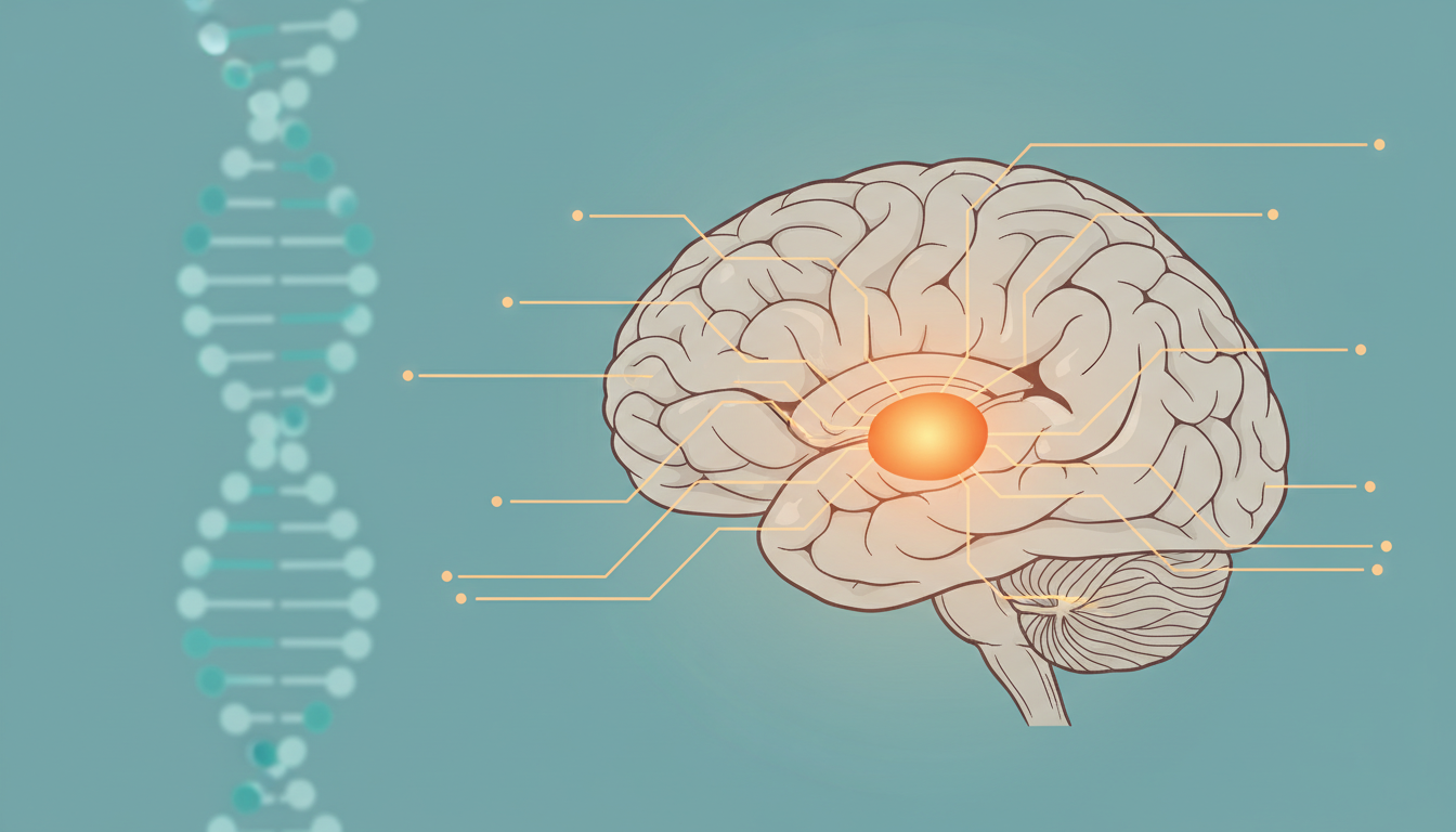 Brain illustration with highlighted amygdala and DNA helix showing biological causes of anxiety