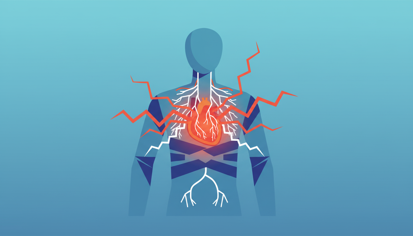 Illustration of the fight-or-flight response causing chest pain with highlighted nervous system