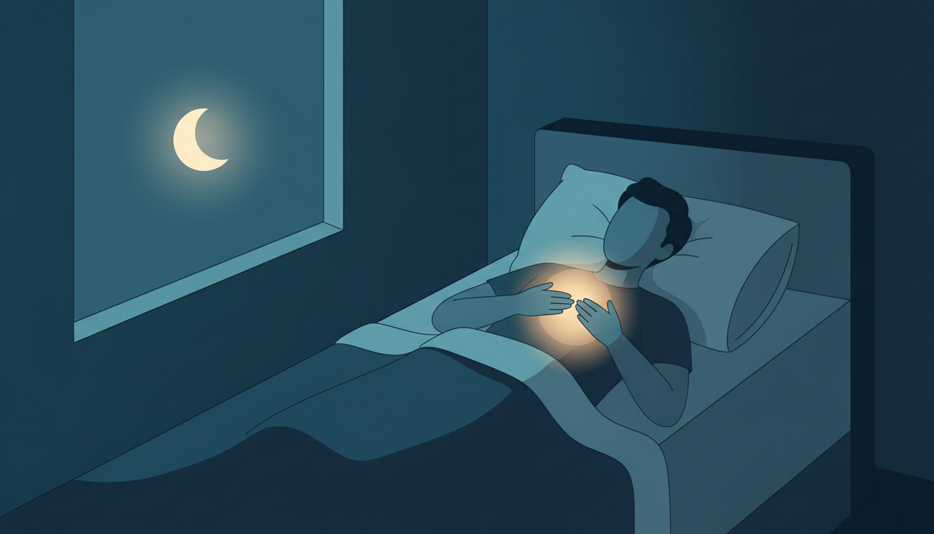 Illustration of a person lying in bed at night experiencing anxiety chest pain
