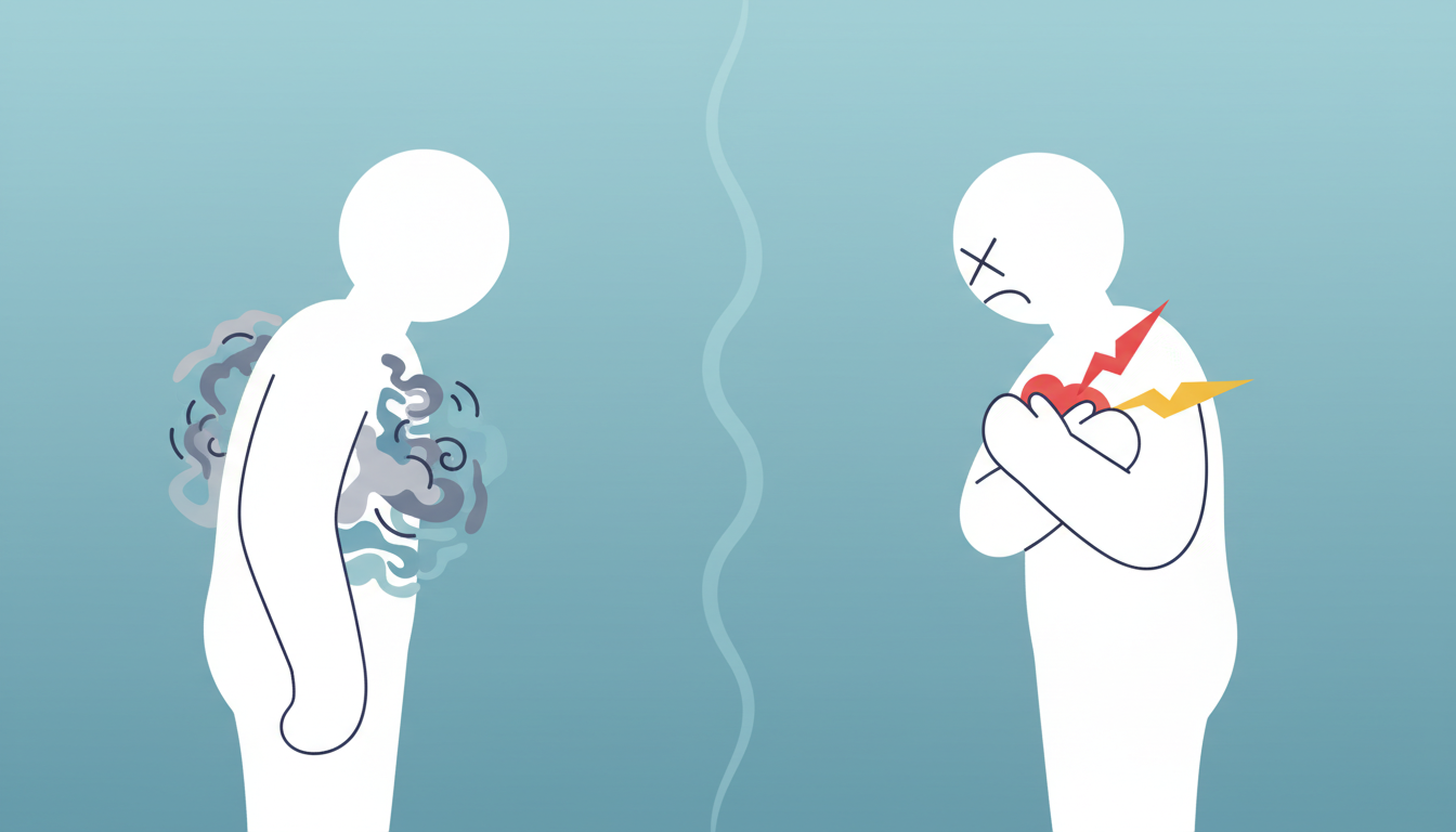 Comparison illustration showing anxiety chest pain versus heart attack symptoms