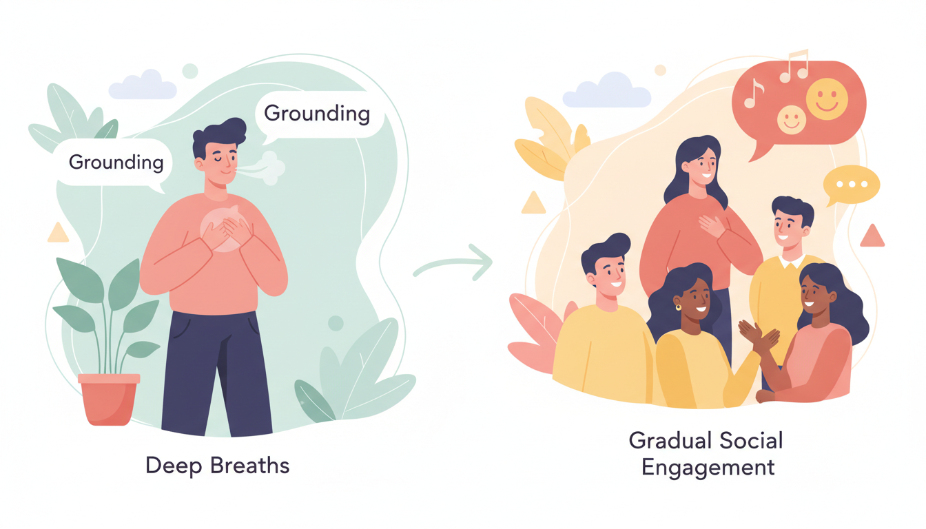Illustration of social anxiety coping strategies showing grounding, deep breathing and gradual social engagement