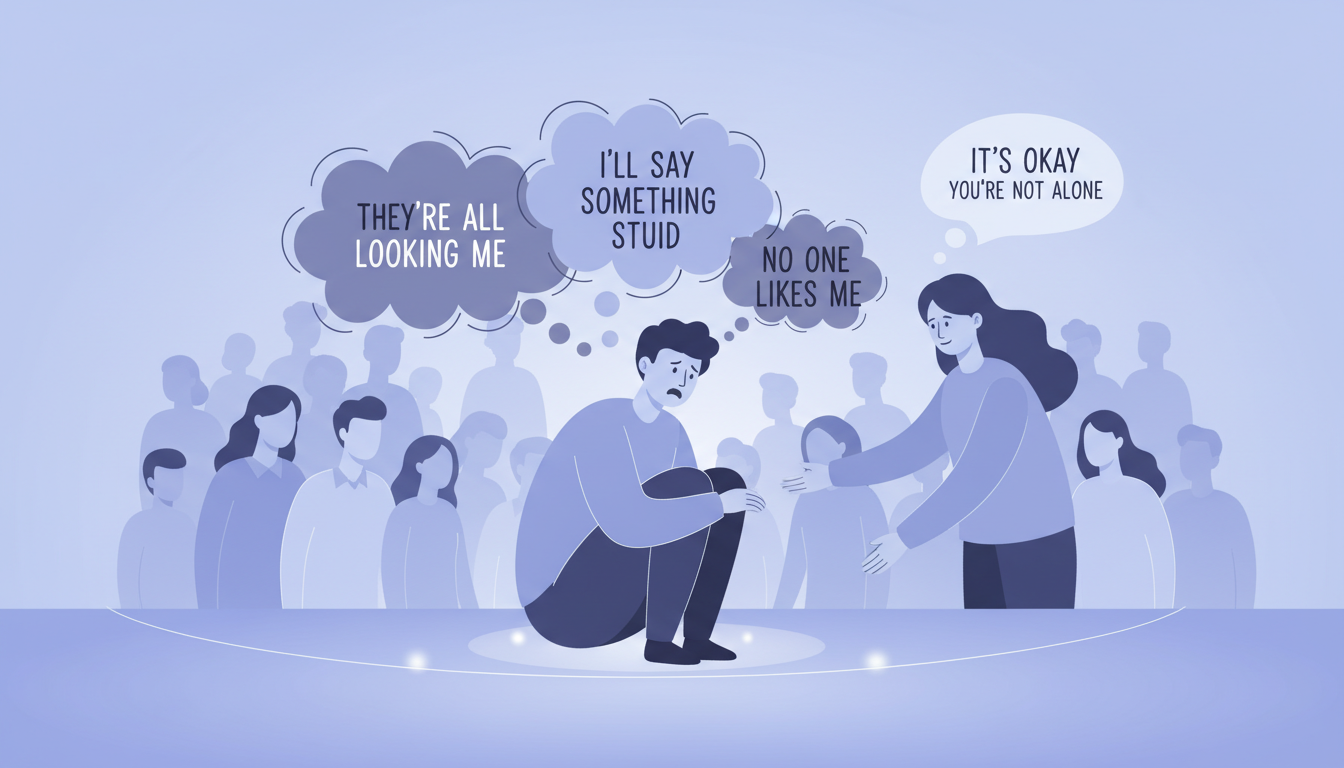 Person experiencing social anxiety in a crowd with fearful thoughts, while another person offers support