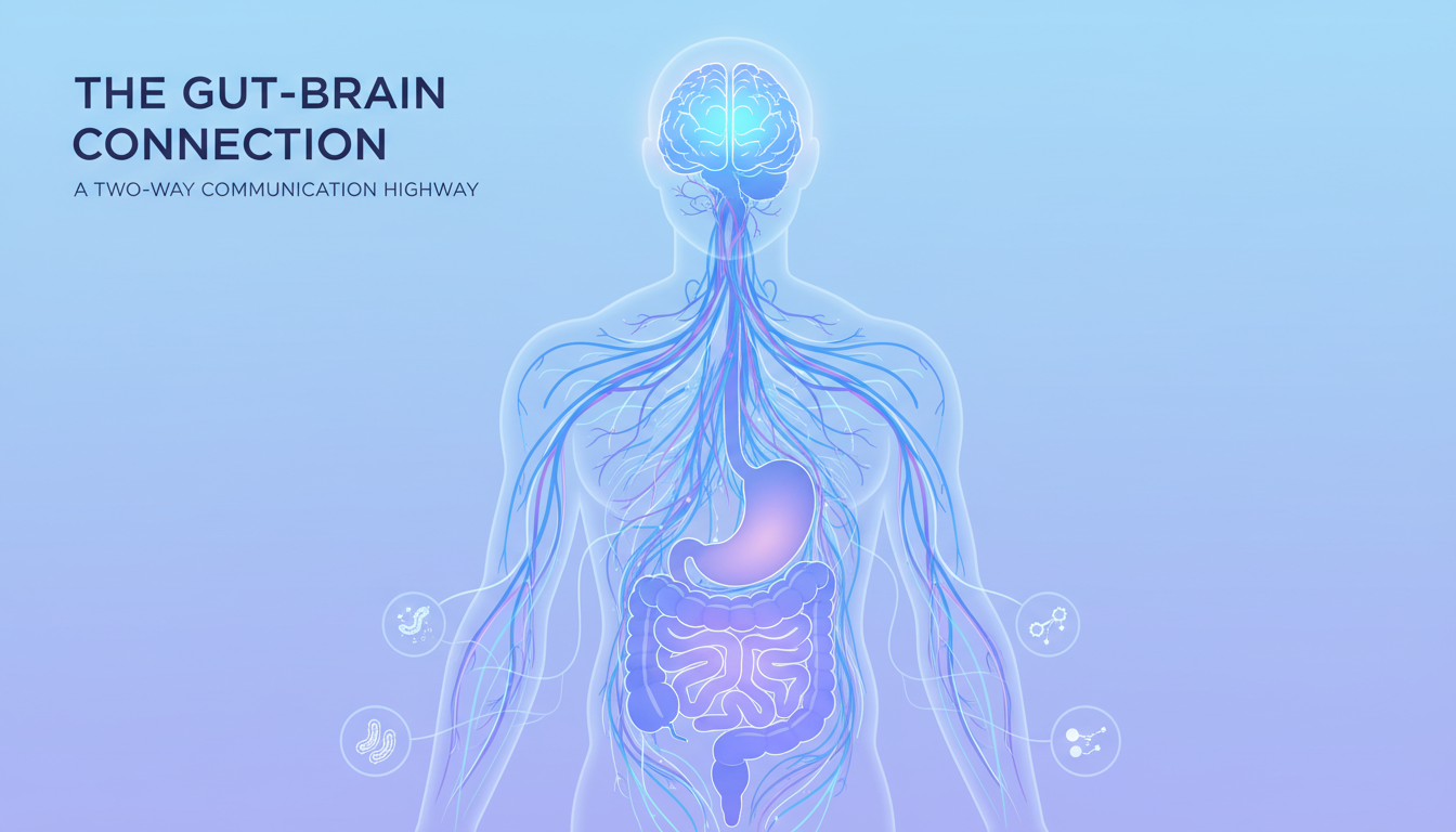 Illustration of the gut-brain connection showing neural pathways linking brain to digestive system
