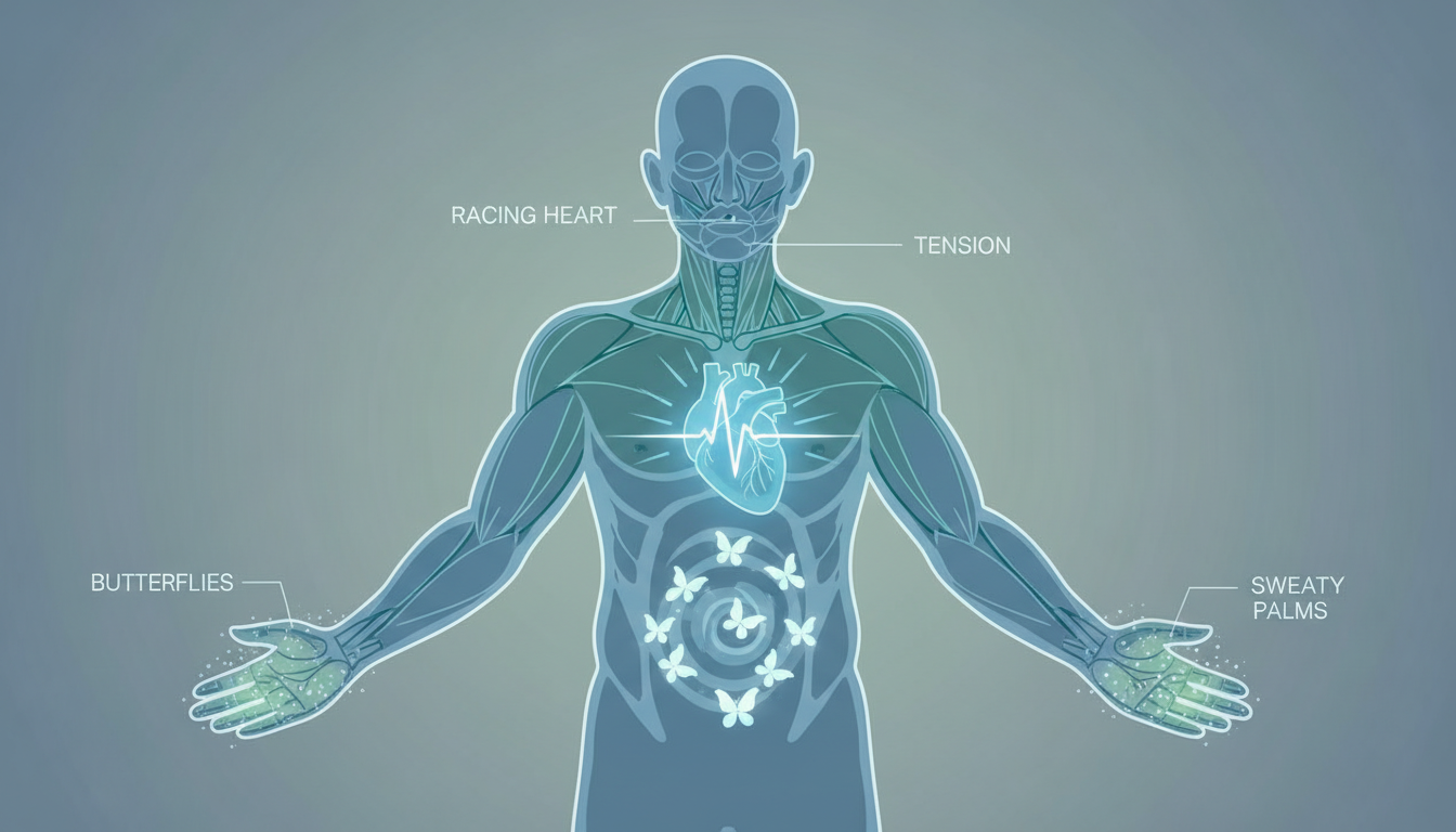 Human body silhouette showing physical anxiety symptoms including racing heart, tension, butterflies in stomach, and sweaty palms