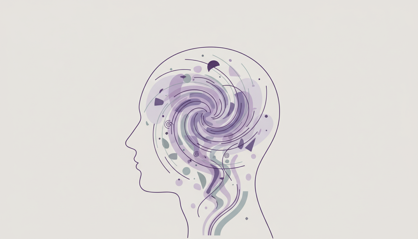 Profile of a head with swirling abstract patterns representing psychological anxiety symptoms like racing thoughts and worry