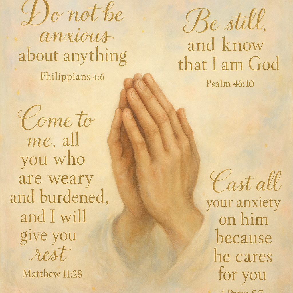 Peaceful prayer scene with hands clasped in prayer, surrounded by Bible verses in elegant typography