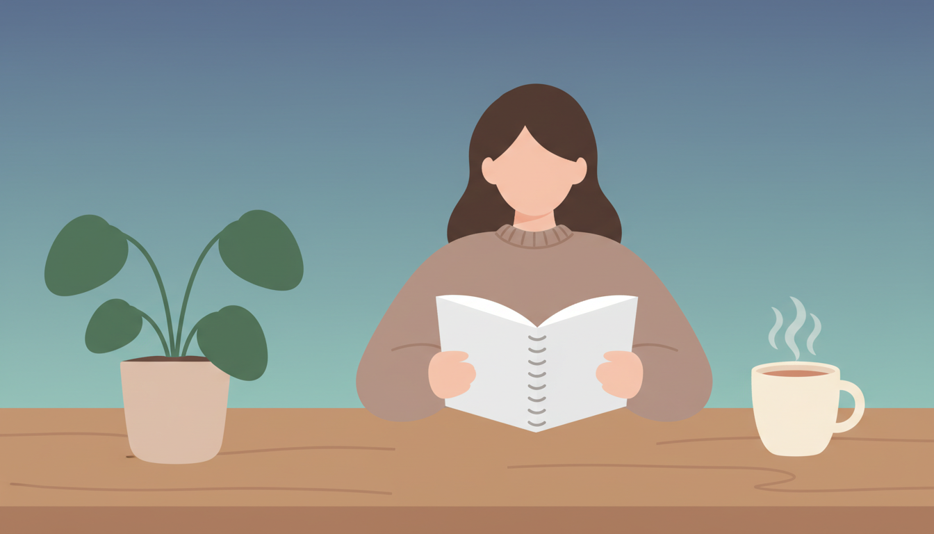 Illustration of a person practising CBT at home with a journal plant and tea