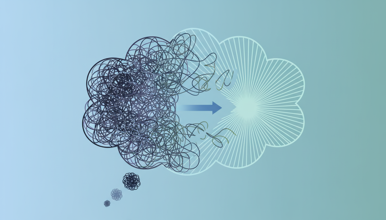Illustration of thought transformation in CBT showing tangled negative thoughts becoming clear and organised