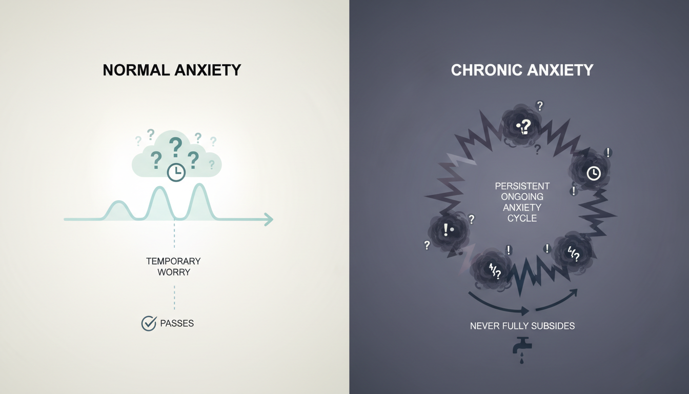 Normal anxiety versus chronic anxiety comparison showing temporary worry that passes versus persistent ongoing cycle