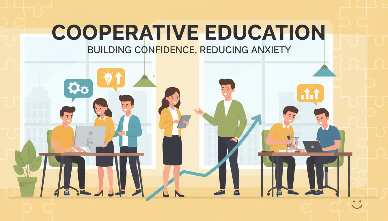 Illustration of students in cooperative education building confidence and reducing anxiety through workplace experience