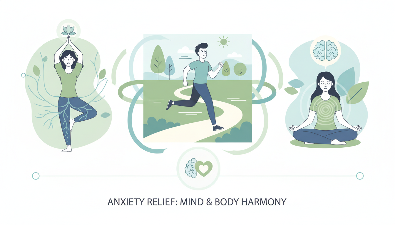 Three-panel illustration of physical and mental anxiety reduction practices including yoga, running, and meditation
