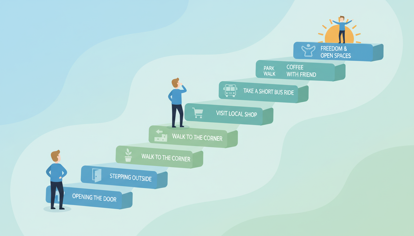 Staircase infographic showing gradual exposure therapy steps for agoraphobia from opening the door to freedom