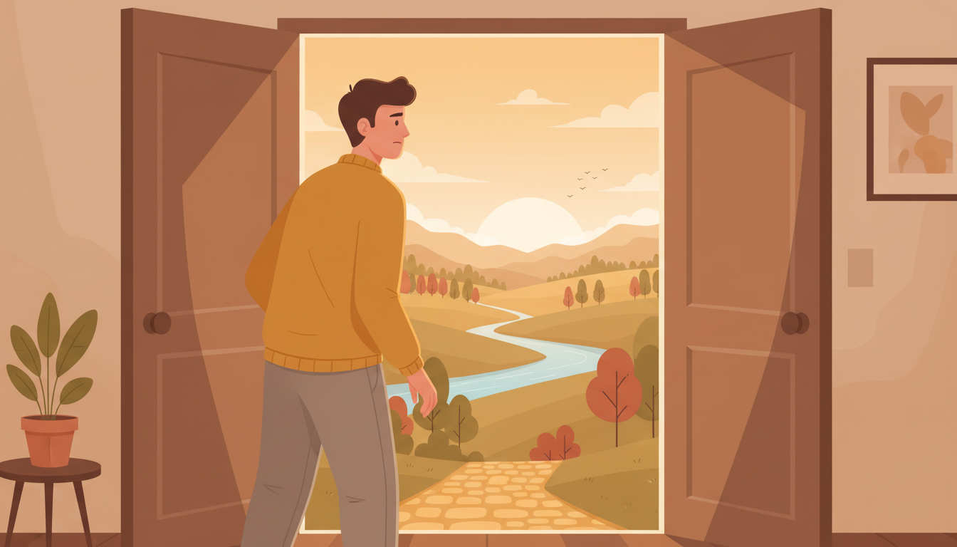Person standing at an open doorway looking out with determination, representing overcoming agoraphobia