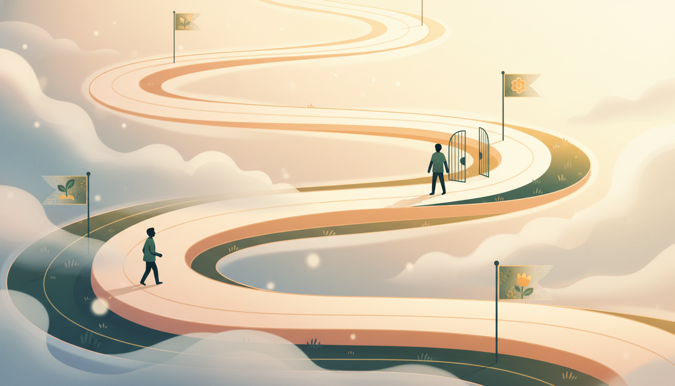 Winding path illustration showing the anxiety recovery journey with progress markers