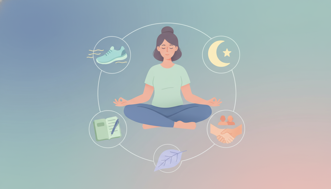 Person surrounded by self-help strategy icons including exercise, journaling, nature, social connection and sleep