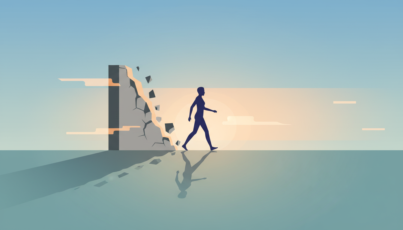 Illustration of a person stepping past a crumbling wall into light representing overcoming fear of failure