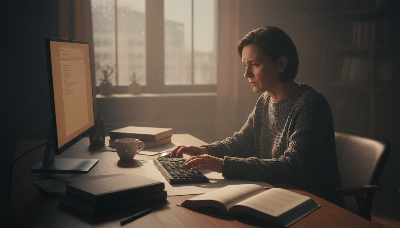 Person sitting at desk with self-doubt, hesitating over keyboard as a sign of fear of failure