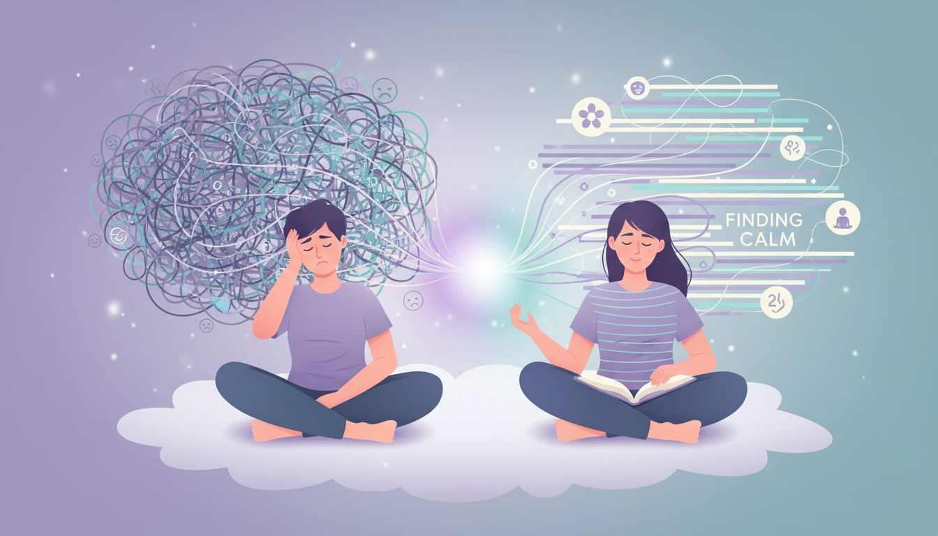 Visual metaphor of tangled anxious thoughts becoming organized and calm through coping strategies
