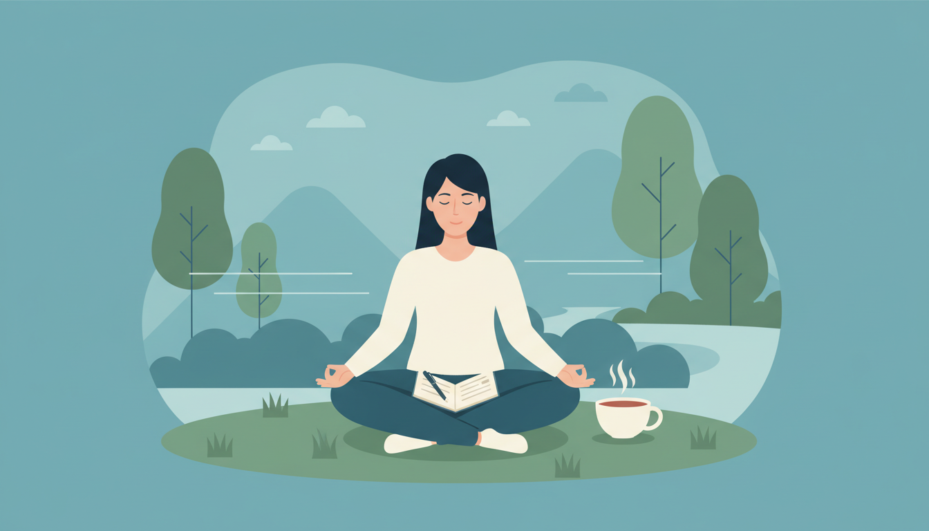 Illustration of a person practising mindfulness outdoors with a journal and cup of tea