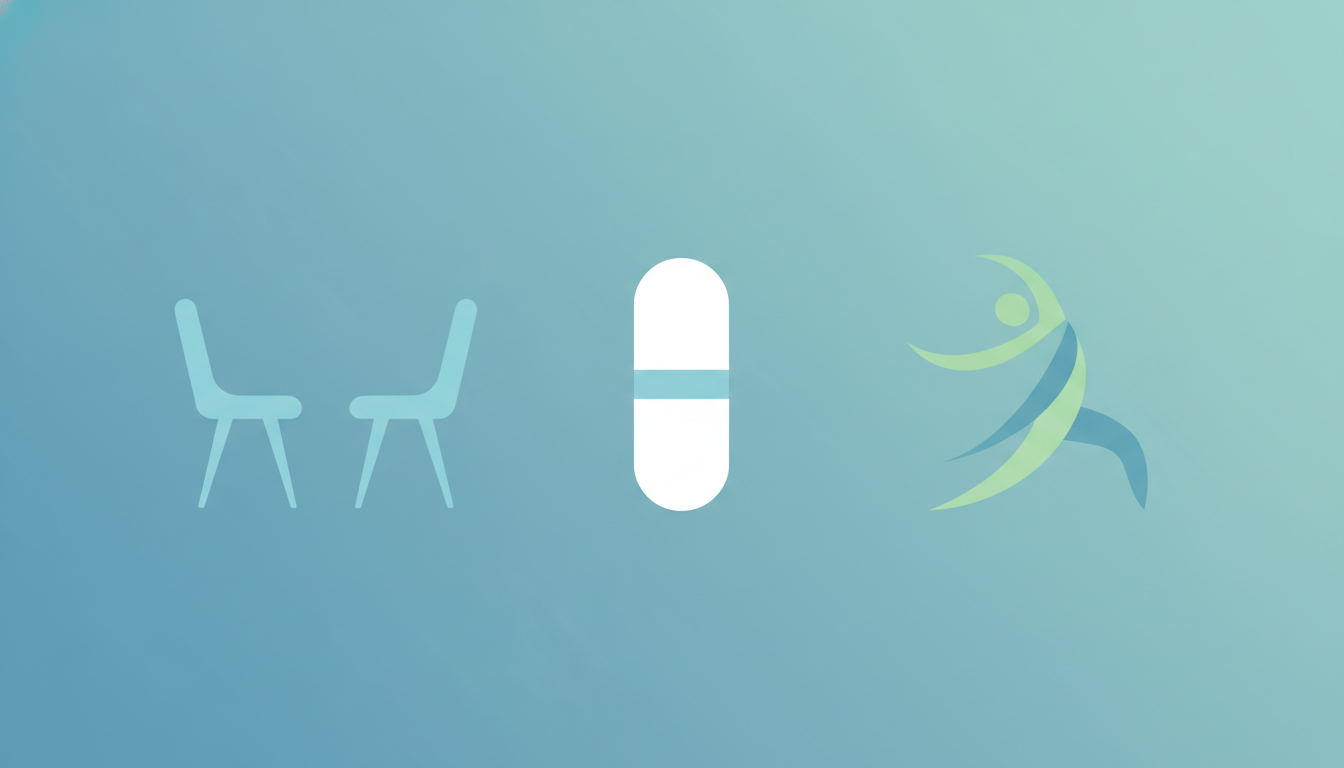 Illustration showing three GAD treatment approaches: therapy chairs, medication capsule, and exercise