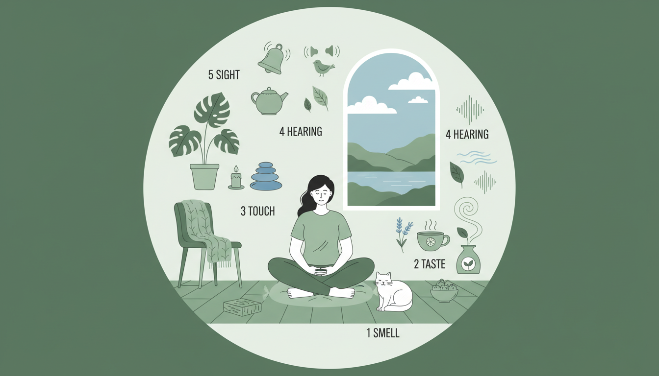 The 5-4-3-2-1 sensory grounding technique for anxiety using sight, hearing, touch, taste and smell