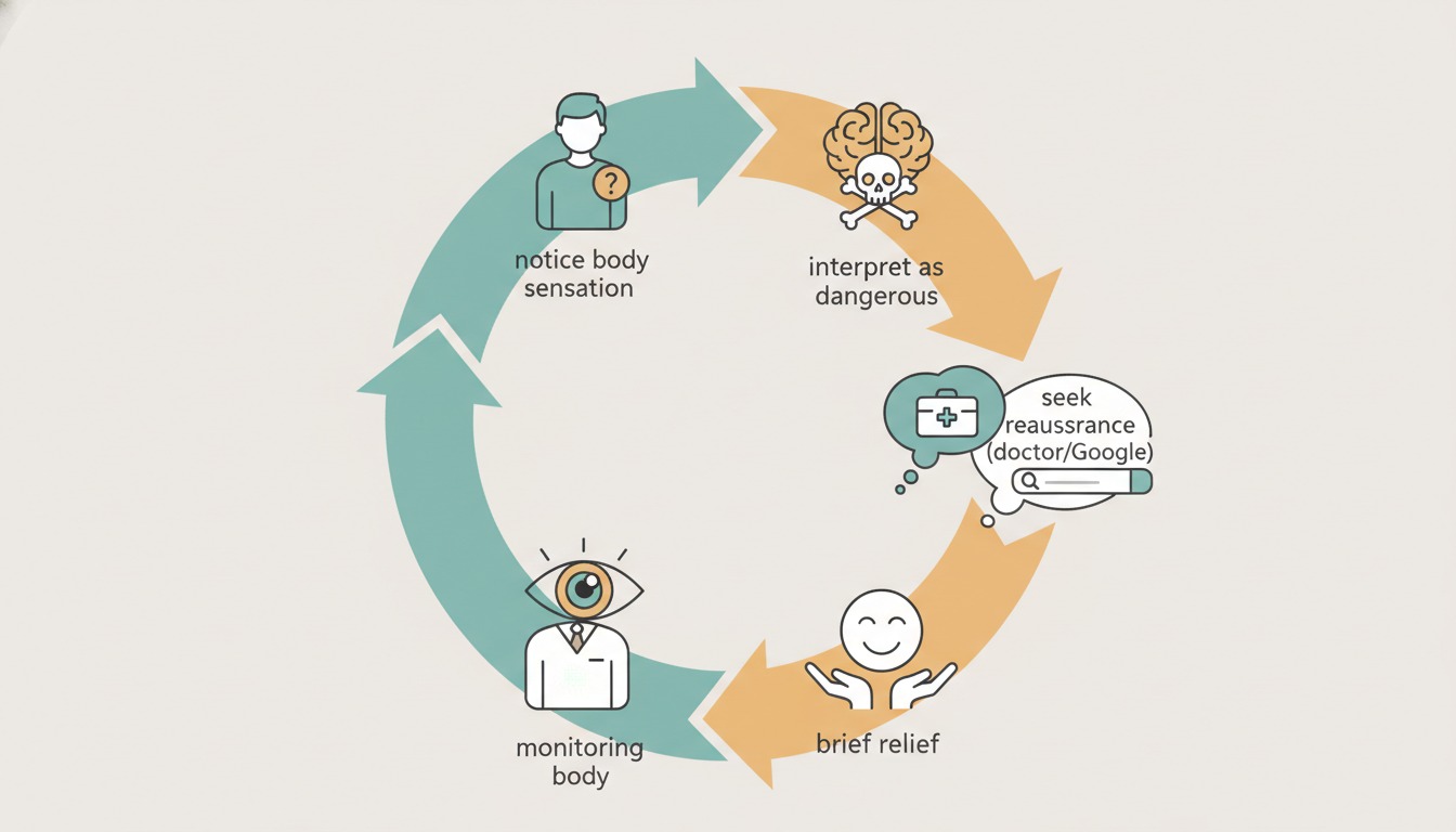 Circular diagram showing the health anxiety cycle from body sensation to catastrophic interpretation to reassurance seeking