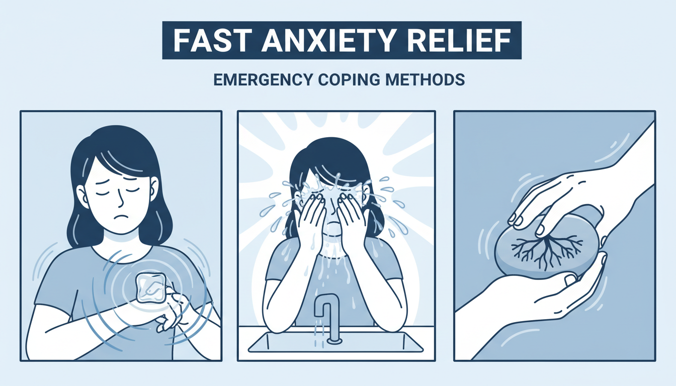 Fast anxiety relief emergency coping methods including ice on wrist, cold water and grounding objects