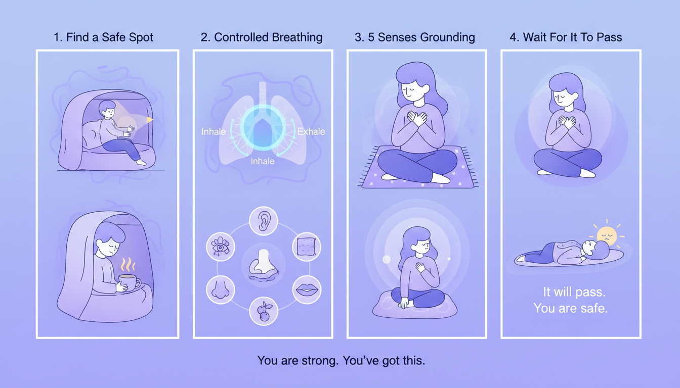 Step-by-step guide for panic attacks: find a safe spot, controlled breathing, 5 senses grounding, wait for it to pass