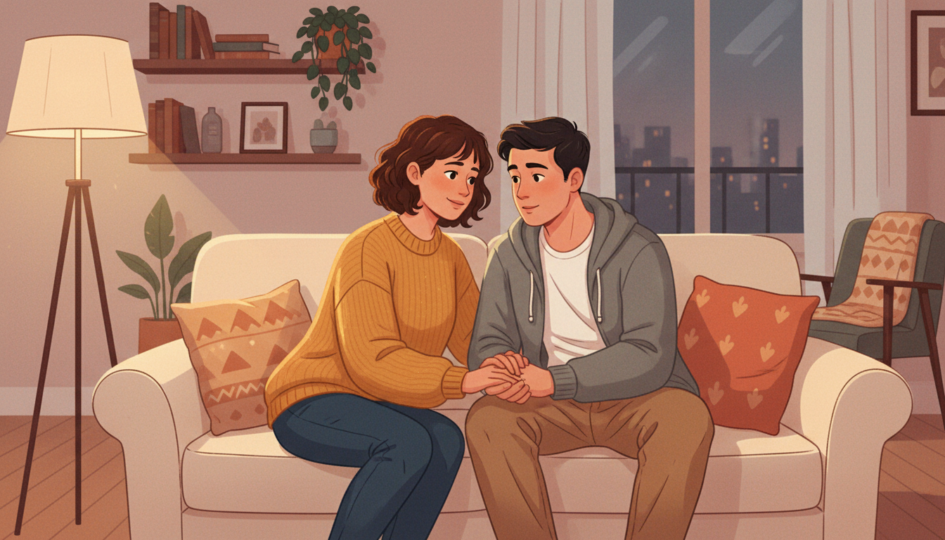 Couple having a supportive conversation about mental health on a sofa