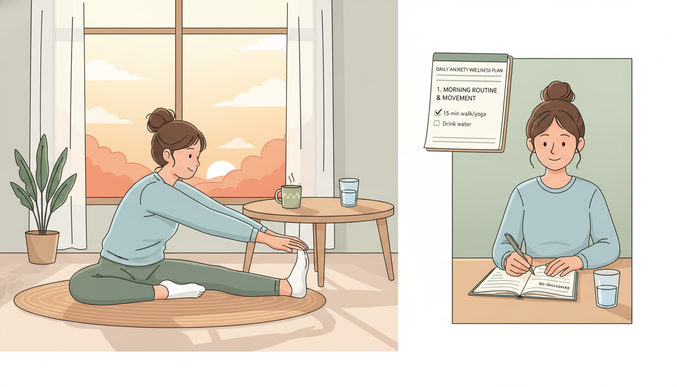 Daily anxiety wellness plan with morning routine, exercise, and journaling checklist