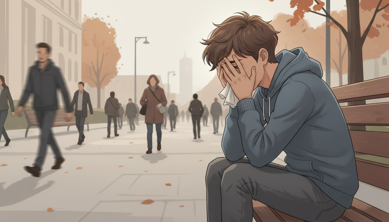 Person experiencing a panic attack on a park bench in a public space