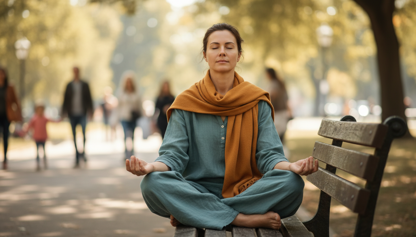 Person practising deep breathing on a park bench to manage a panic attack in public
