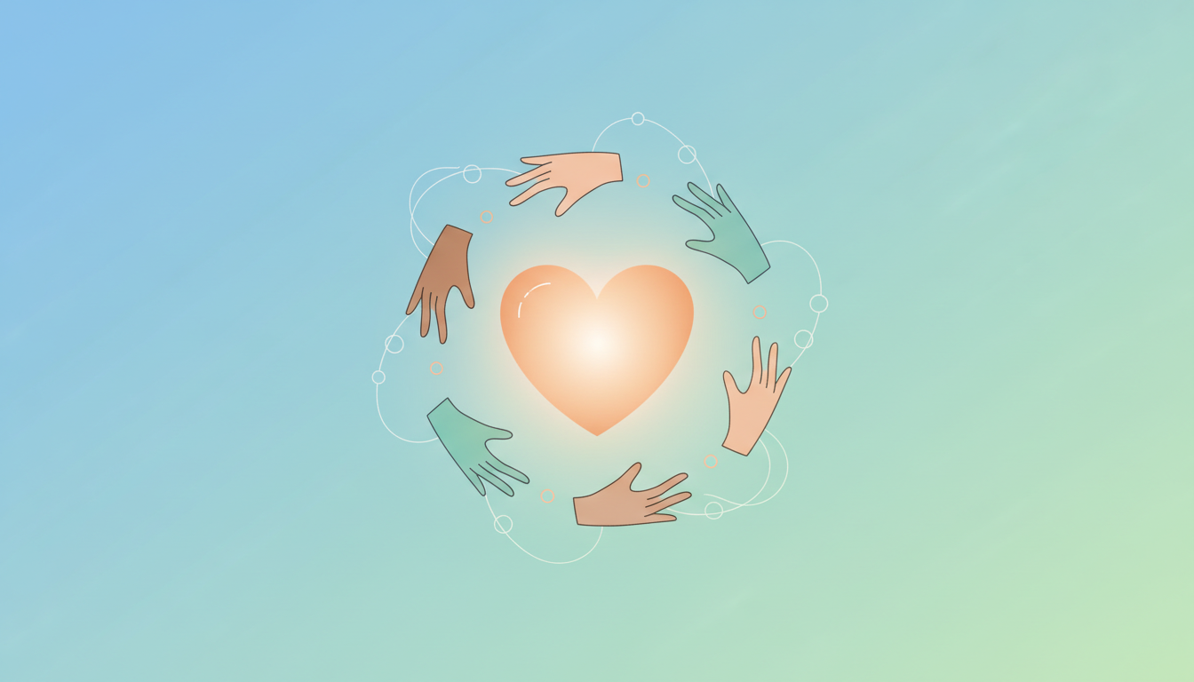 Illustration of diverse hands reaching around a glowing heart representing mental health support