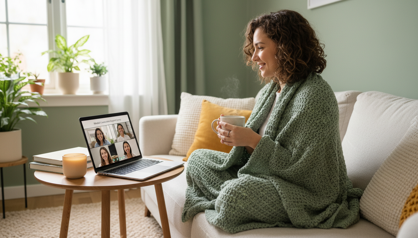 Woman participating in an online mental health support group from home