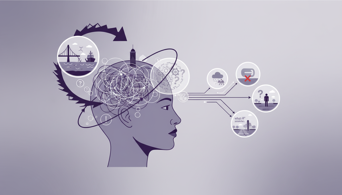 Illustration of anxious thinking patterns showing catastrophising and overthinking thought loops