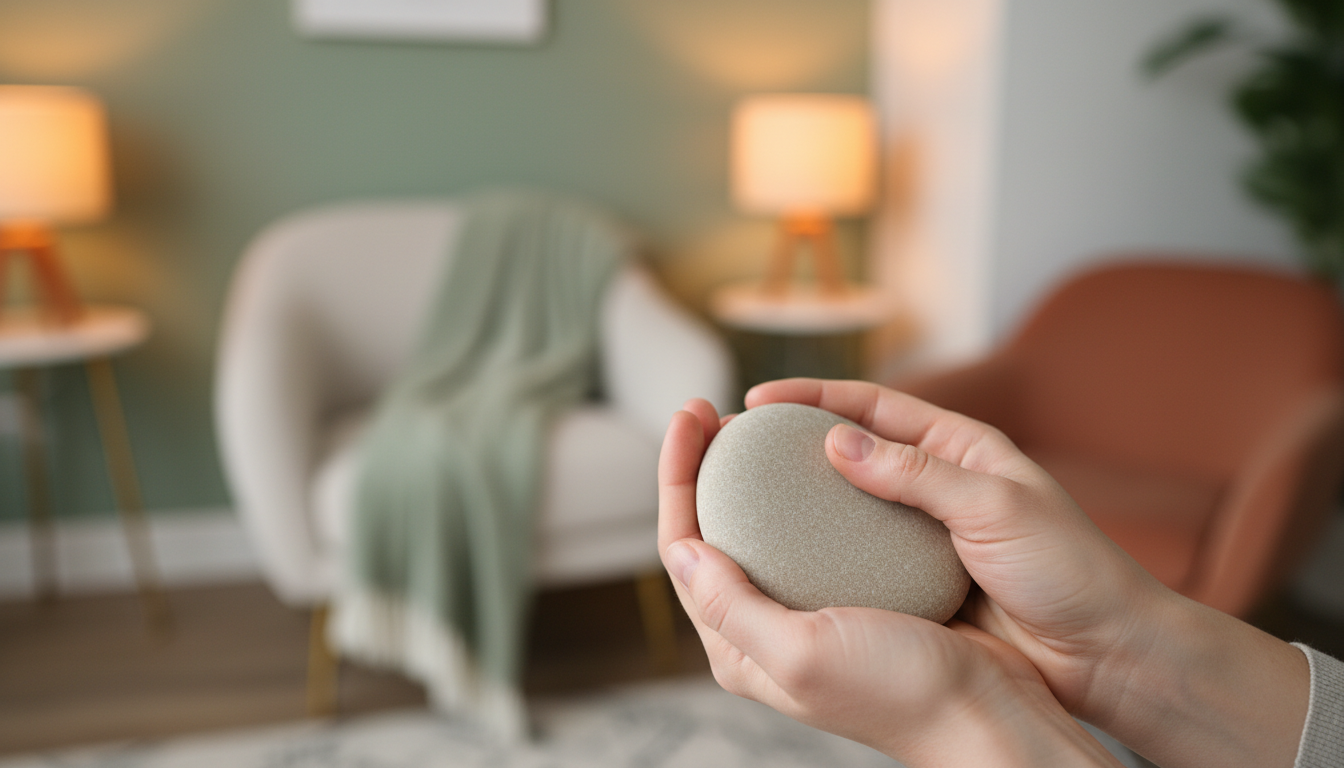 Hands holding a smooth stone during a mindfulness grounding exercise for OCD treatment