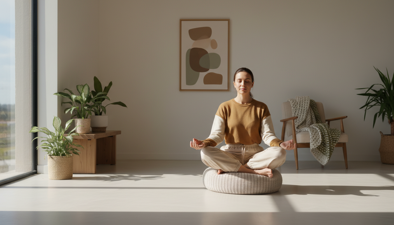 Beginner practising mindfulness meditation in a bright peaceful room