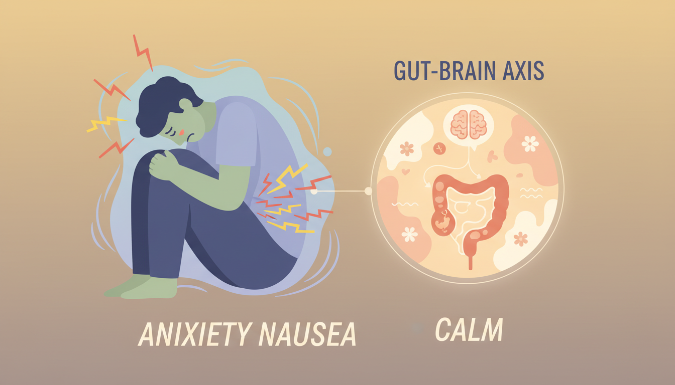 Illustration of anxiety nausea showing the gut-brain connection and stomach sensitivity