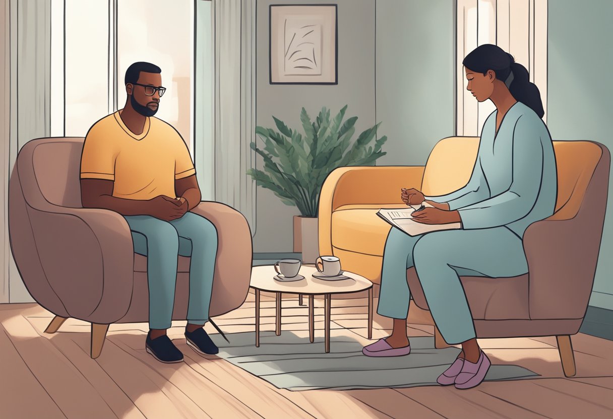 A serene, comforting setting with a therapist guiding a patient through cognitive behavioural therapy for anxiety
